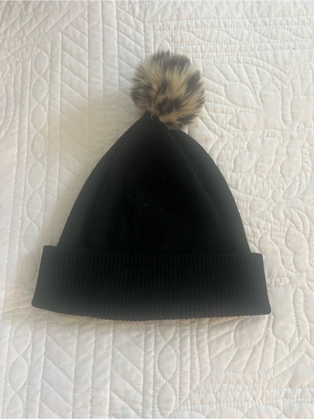 J. Crew Black Knit Hat with Faux Fur Pom